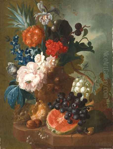 A peony, an iris, a pineapple, blackberries, narcissi and other flowers in a terracotta vase, with a bird's nest, a mouse, a melon, grapes and walnuts Oil Painting by Jan van Os