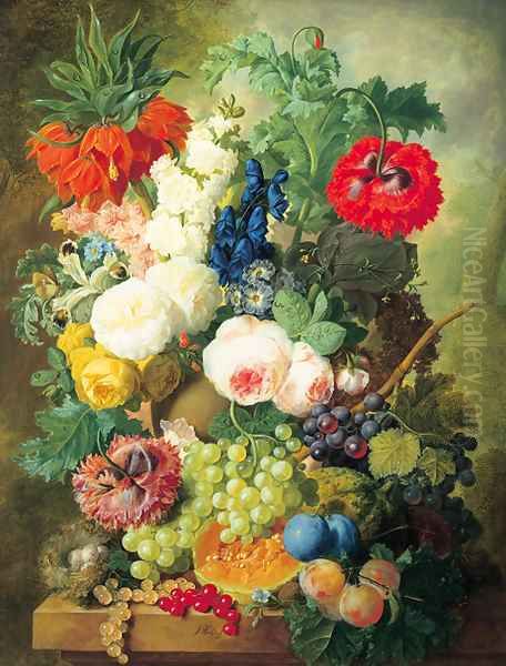 Roses, poppies, a crown imperial lily and other flowers in a terracotta vase, with grapes, plums, a melon and a birds' nest on a stone ledge Oil Painting by Jan van Os