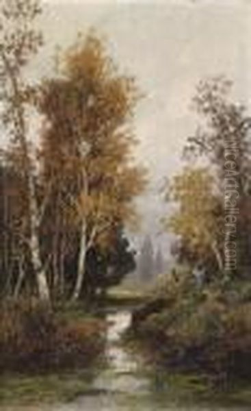 Autumn Mood Over A Brook Landscape With Human And Animal Figures Oil Painting by Adolf Kaufmann