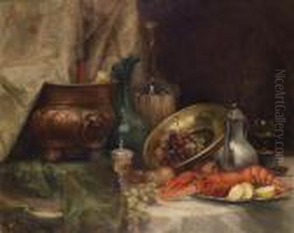 Decorative Still Life With Lobsters Oil Painting by Adolf Kaufmann