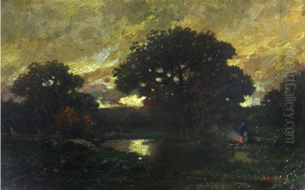 Abendliche Landschaft Mit Weiher Vor Baumgruppe Mit Personen Am Feuer Oil Painting by Adolf Kaufmann