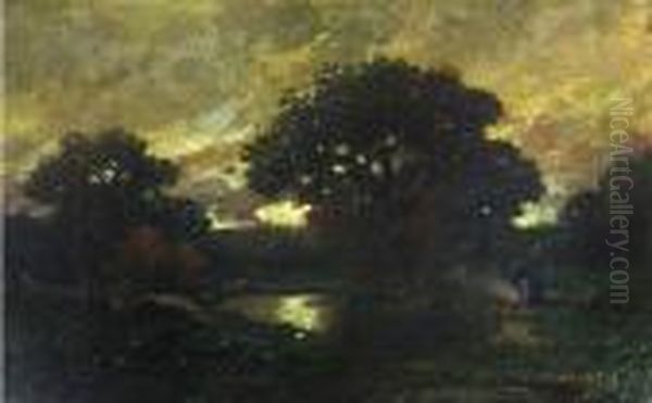 Abendliche Landschaft Mit Weiher Vorbaumgruppe Mit Personen Am Feuer Oil Painting by Adolf Kaufmann