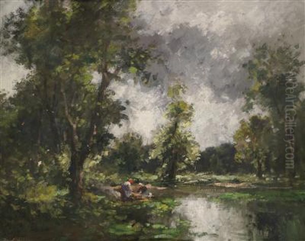 Washerwomen By The Riverbank Oil Painting by Adolf Kaufmann