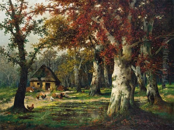 Herbstlicher Buchenwald Mit Huhnerhof Oil Painting by Adolf Kaufmann