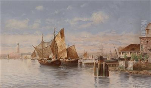 Fishingboats By The Riva Degli Schiavoni Oil Painting by Adolf Kaufmann