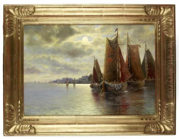 Fischerbootevor Sudlandischer Kuste Oil Painting by Adolf Kaufmann