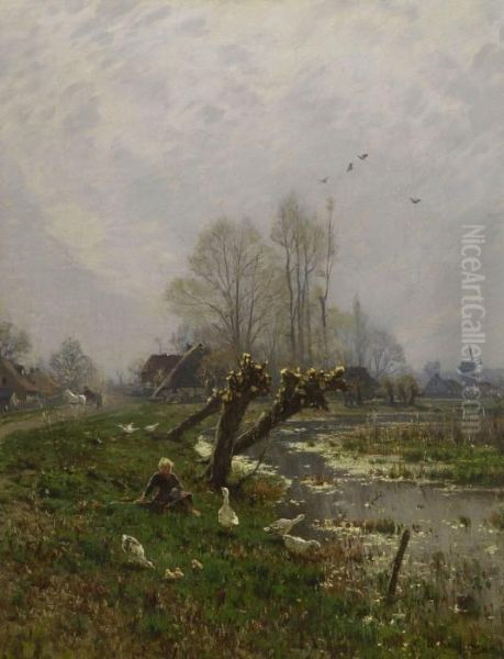 Magd Mit Enten Am Wasser Oil Painting by Adolf Kaufmann