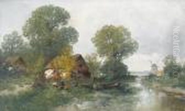 Flusspartie Mit Huhnern, Bauernhausern Und Windmuhle. Oil Painting by Adolf Kaufmann