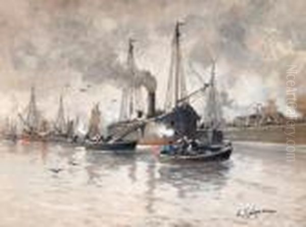 Schiffe Im Hafen Oil Painting by Adolf Kaufmann