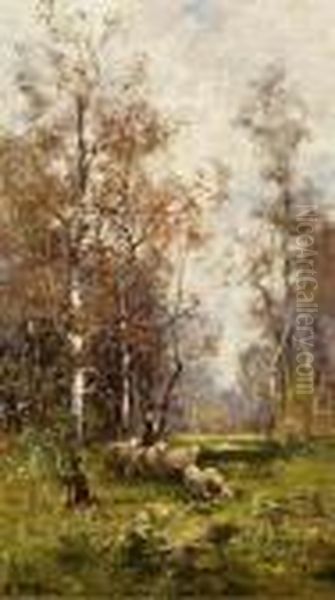 Schaferin Im Birkenwald Oil Painting by Adolf Kaufmann