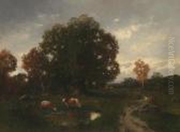 Cows In The Pasture Oil Painting by Adolf Kaufmann