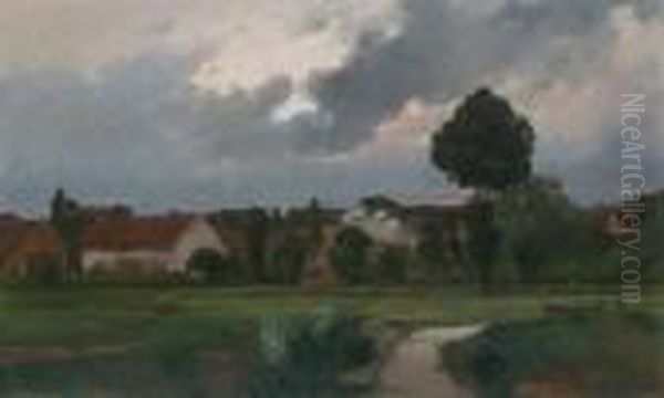 River Landscape With Houses Oil Painting by Adolf Kaufmann