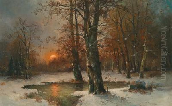 Sunset In A Winter Woodland Oil Painting by Adolf Kaufmann