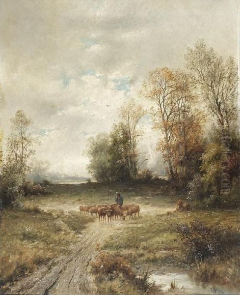 Hirte Mit Schafherde Auf Dem Heimweg In Flacher Seenlandschaft Oil Painting by Adolf Kaufmann