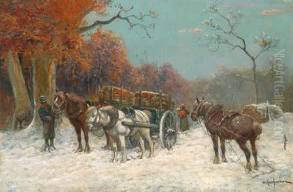 Holzarbeiter Im Winter Oil Painting by Adolf Kaufmann