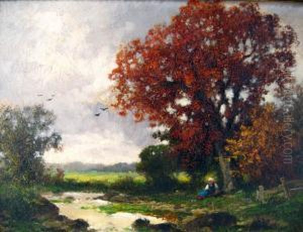 Woman By Stream Oil Painting by Adolf Kaufmann