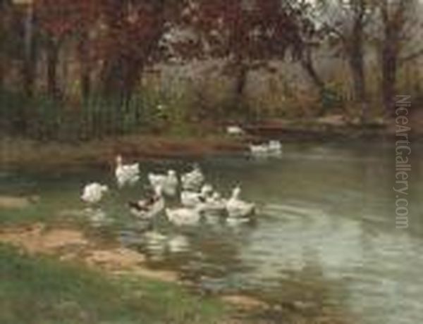 At The Duckpond Oil Painting by Adolf Kaufmann