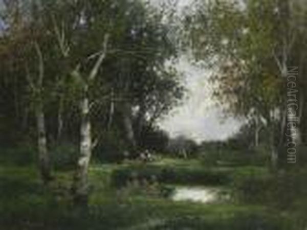 Rastende Reisigsammlerin Am Teich In Baumlandschaft. Oil Painting by Adolf Kaufmann