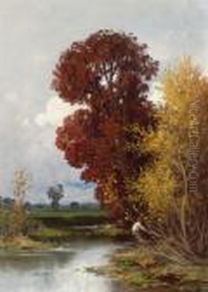 Herbstliche Fluslandschaft Mit Fischer Oil Painting by Adolf Kaufmann