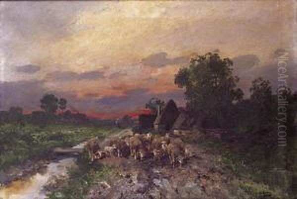 Sheep On Their Way To Pasture Oil Painting by Adolf Kaufmann