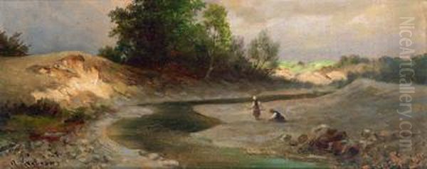 Holzsammlerinnen Am Fluss Oil Painting by Adolf Kaufmann