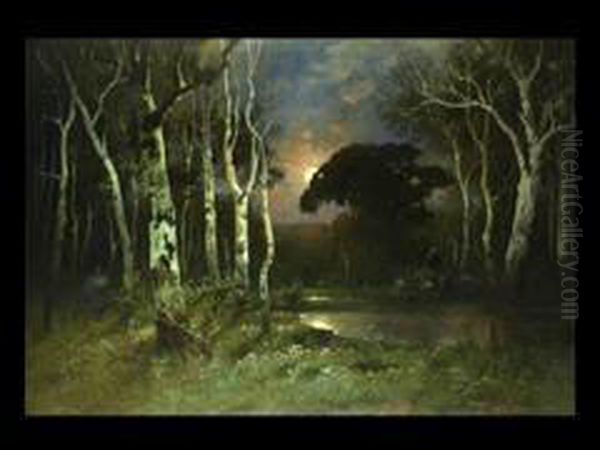 Schafherde Im Birkenwald Bei Mondaufgang
Links Unten Sign Oil Painting by Adolf Kaufmann