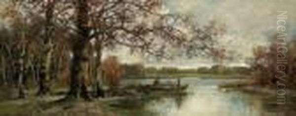 Fisherman On The Rivers Edge Oil Painting by Adolf Kaufmann