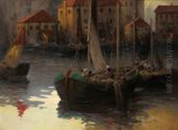 Quiet Evening In The Harbor Of Volosca Oil Painting by Adolf Kaufmann