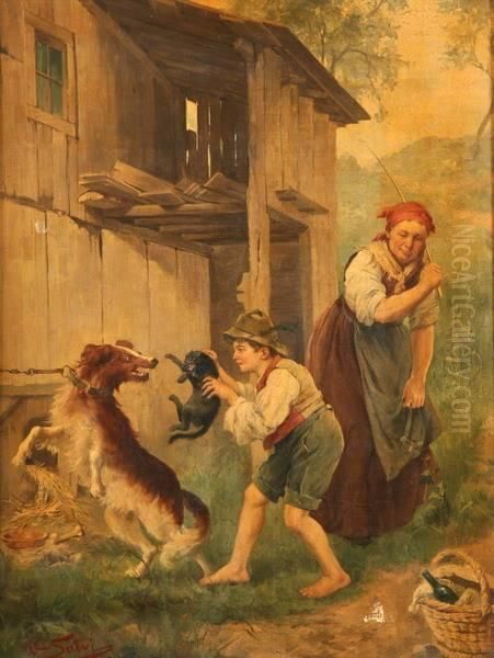 Genre Scene Of Woman And Child With Cat And Dog, Oil Painting by Adolf Kaufmann