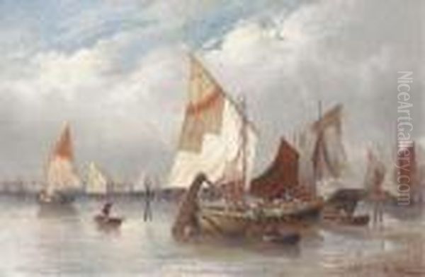 Fishing Boats Moored In A Harbour Oil Painting by Adolf Kaufmann