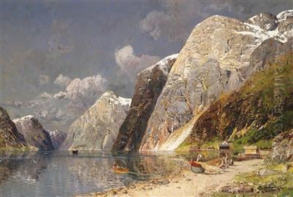 Large Fjord Landscape Oil Painting by Karl Kaufmann