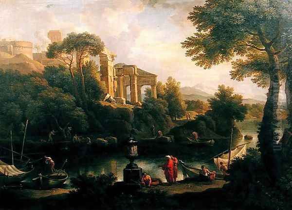 Landscape with figures by a pool with ruins in the background Oil Painting by Jan Frans Van Bloemen (Orizzonte)