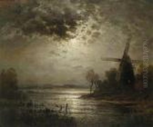 Dutch River Landscape In The Moonlight Oil Painting by Karl Kaufmann