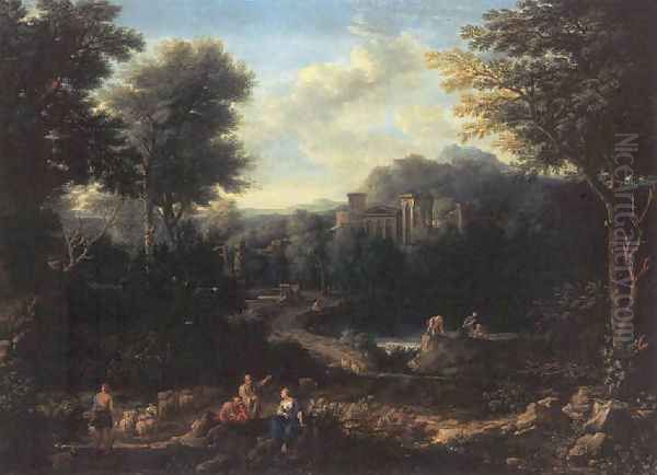 An arcadian landscape with herdsmen on a path and peasants fishing on a pond Oil Painting by Jan Frans Van Bloemen (Orizzonte)