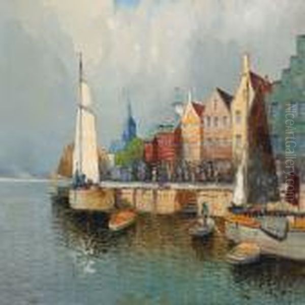 Dutch City With Canal And Boats Oil Painting by Karl Kaufmann