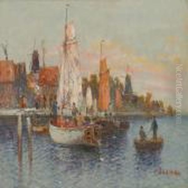 Dutch Harbour With Fishingboats Oil Painting by Karl Kaufmann