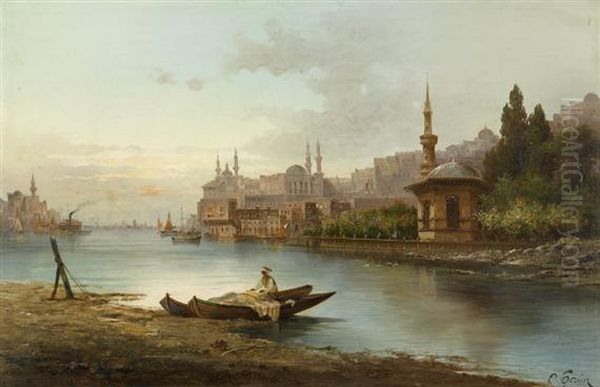 View Of The Bosphorus And Constantinople In Theevening Oil Painting by Karl Kaufmann