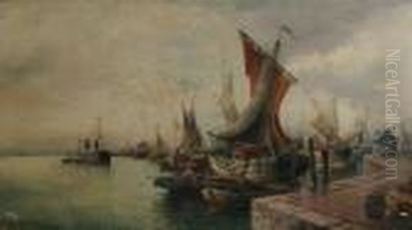 A Busy Harbor Oil Painting by Karl Kaufmann