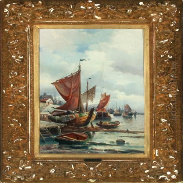 Fisherboats In The Harbour Oil Painting by Karl Kaufmann