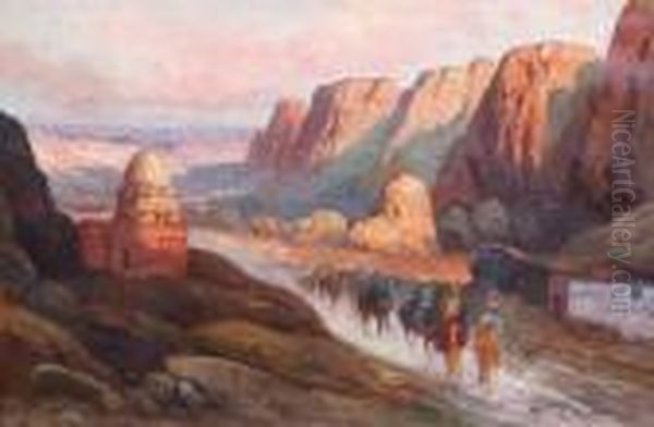 Orientalische Reiter In Einer Felsenschlucht Bei Einer Moschee Oil Painting by Karl Kaufmann