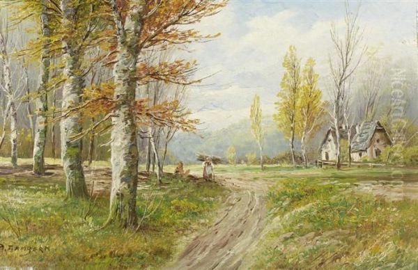 Wood Gatherer On A Path On The Edge Of A Forest Oil Painting by Karl Kaufmann