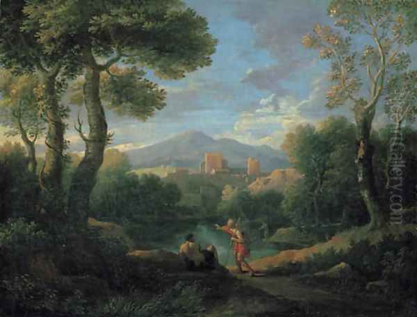 A classical landscape with two shepherds by a lake, a village beyond Oil Painting by Jan Frans Van Bloemen (Orizzonte)