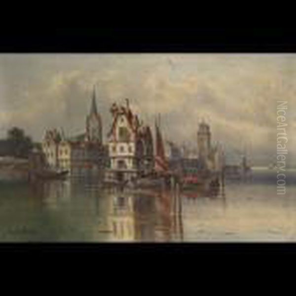 A Dutch Harbour Oil Painting by Karl Kaufmann