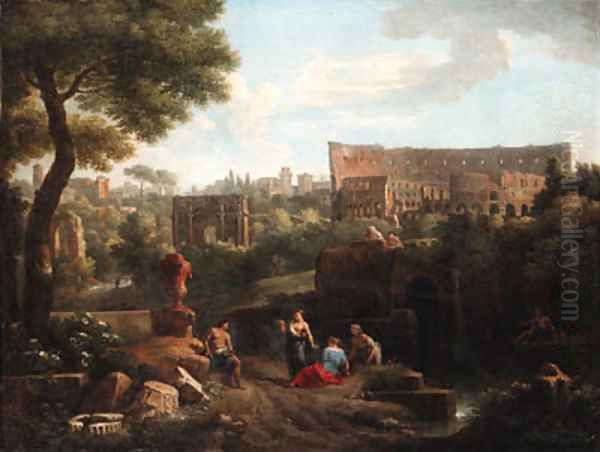 A capriccio of Rome with the Colosseum and the Arch of Constantine 2 Oil Painting by Jan Frans Van Bloemen (Orizzonte)