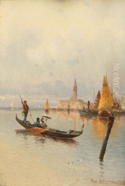 View On Venicewith In The Front A Gondola Oil Painting by Karl Kaufmann