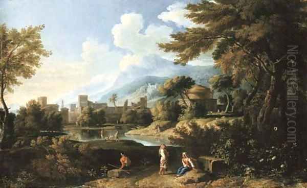 An Roman landscape with peasants resting by a lake with the church of San Andrea Vignola Oil Painting by Jan Frans Van Bloemen (Orizzonte)