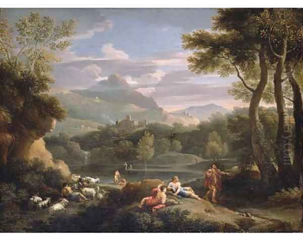 An Italianate mountainous landscape with herdsmen resting by a path and a man and a woman by a river Oil Painting by Jan Frans Van Bloemen (Orizzonte)