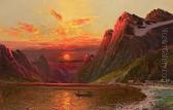 Red Evening Sun Over Norwegian Bay Scenery. Signed J. Holmstedt Oil Painting by Karl Kaufmann