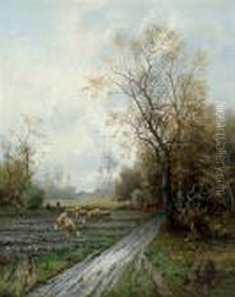 Herbstlandschaft Mit Schaferin Oil Painting by Karl Kaufmann