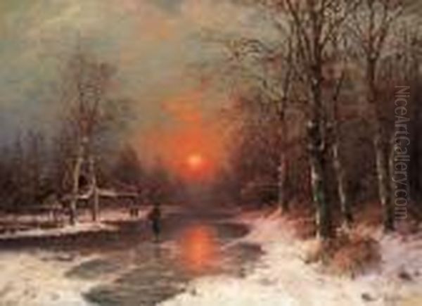 Winterlandschaft Im Sonnenuntergang Oil Painting by Karl Kaufmann